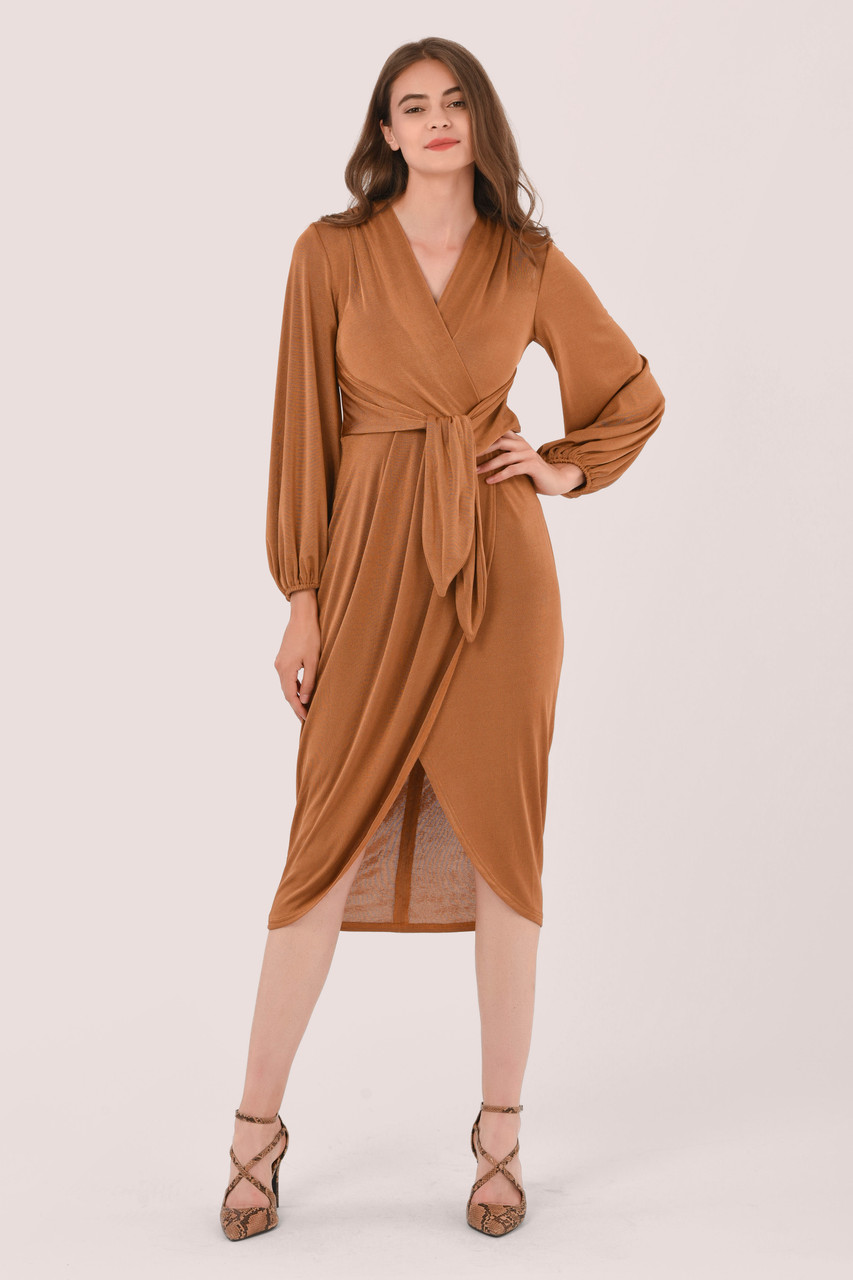 Bronze Twist Front Long Sleeve Wrap Dress